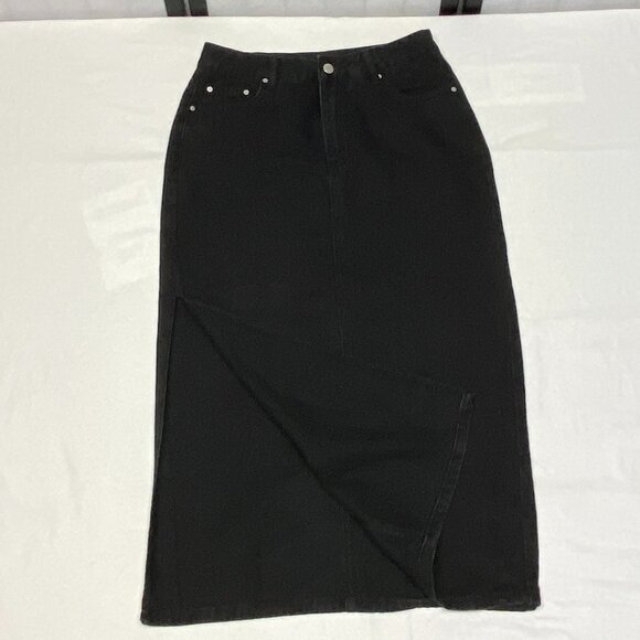 Shein Black Denim Pencil Skirt 6 Midi High Side Slit Stretch Jeans - Picture 9 of 14